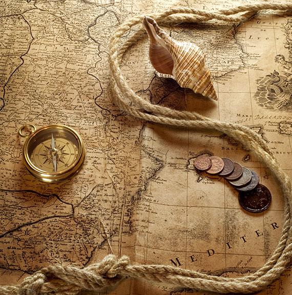 coins, map, rope